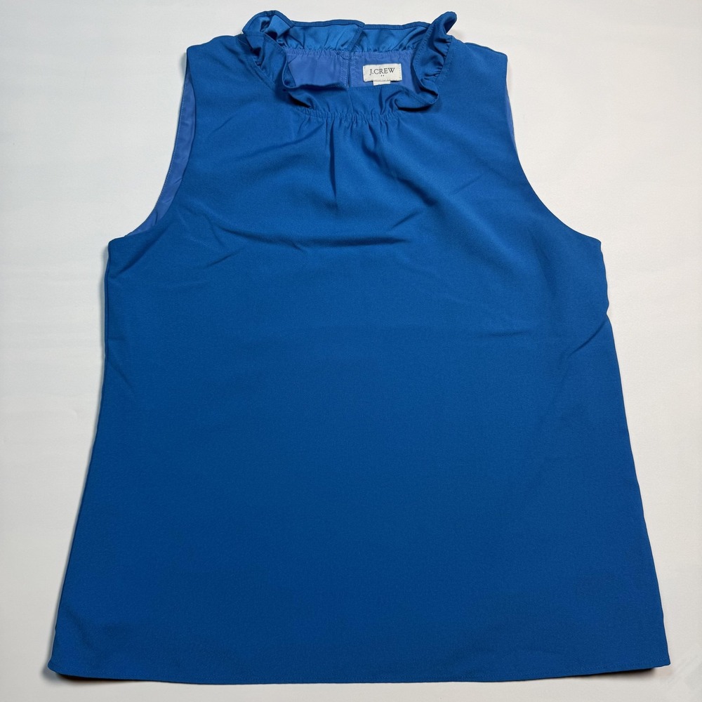 J Crew Blouse Womens XS Blue Ruffle High Neck Sleeveless Lined Work Shell Top